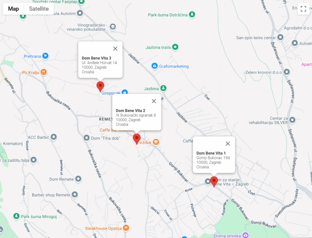 Karta lokacija doma za starije i nemoćne Zagreb